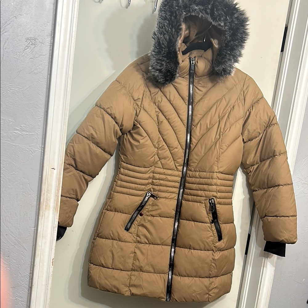 Women's Tan Puffer Jacket with Faux Fur Hood